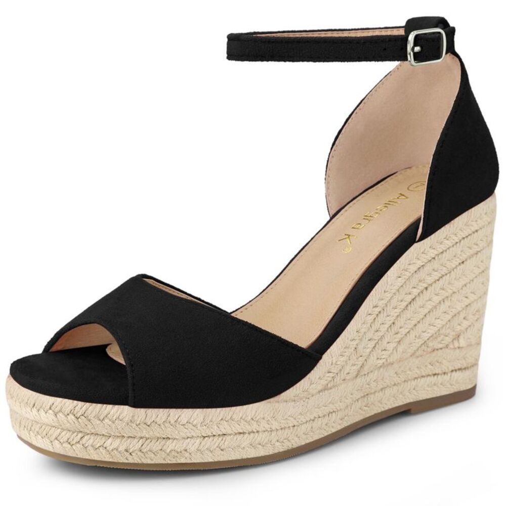 Allegra K Women's Espadrille Platform Ankle Strap Wedge Heel Sandals Black 8.5